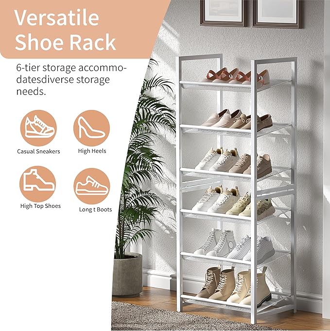 Stackable Shoe Rack, 6 Tier Metal Shoe Storage for 12-15 Pairs, Vertical Shoe Shelf for Small Space Front Door Entrance Closet Garage, White
