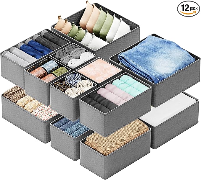 Drawer Organizer Clothes, 12 Pack Dresser Organizer Bins for Nursery, Grey