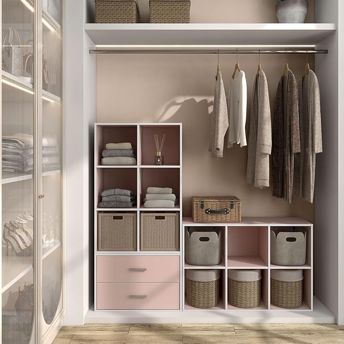Homes: Inside + Out Apexa 6-Cube Storage Organizer Shelves, Stackable Wood Bookcase Fits Cubby Bins for Organization, Dorm Teen Room Decor & Home Office, Light Pink