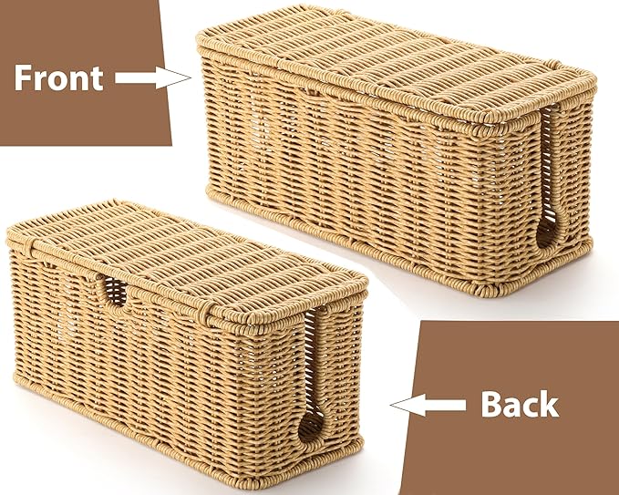 2Pack Large Cable Management Box, Handwoven Imitation Rattan Cord Organizer Wire Hider Box, Desk Cord Management to Hide Cords and Power Strips
