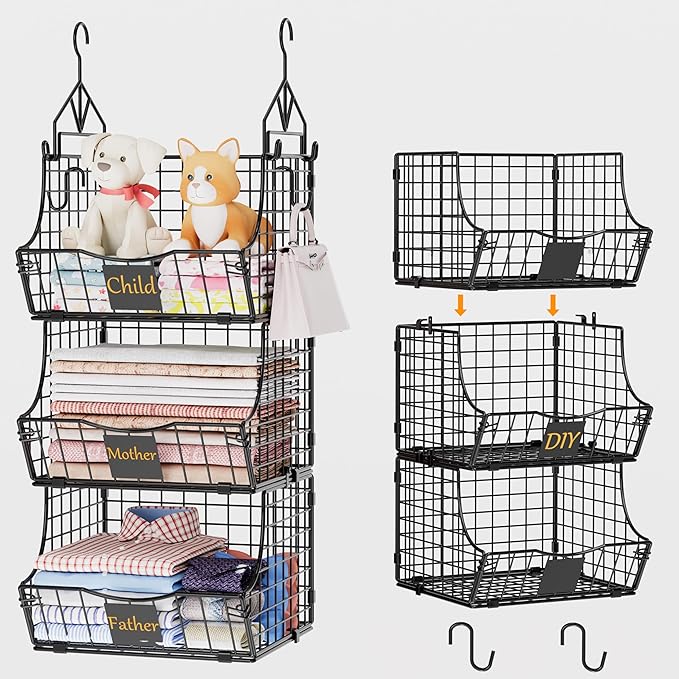 Hanging Closet Organizers and Storage, 5 Tier Closet Shelf Clothes Organizer with 2 S-Hooks, Multi-Functional Iron Wire Baskets, for Clothing, Sweaters, Handbags, Hat, Canned