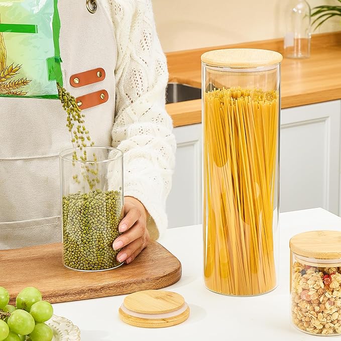 Vtopmart Glass Food Storage Jars, 3 Pack Kitchen Containers with Airtight Bamboo Wooden Lids for Pasta, Cookies, Nuts, Coffee Beans, Cereal, Canisters Set for Flour, Pantry Organization, BPA Free