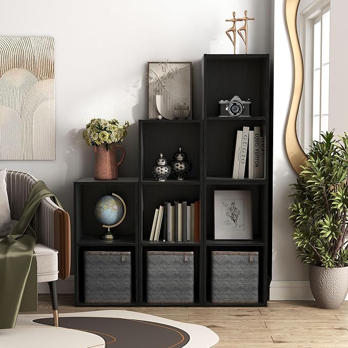 Homes: Inside + Out Apexa 3-Cube Storage Organizer Shelves, Stackable Wood Bookcase Fits Cubby Bins for Organization, Dorm Teen Room Decor & Home Office, Black