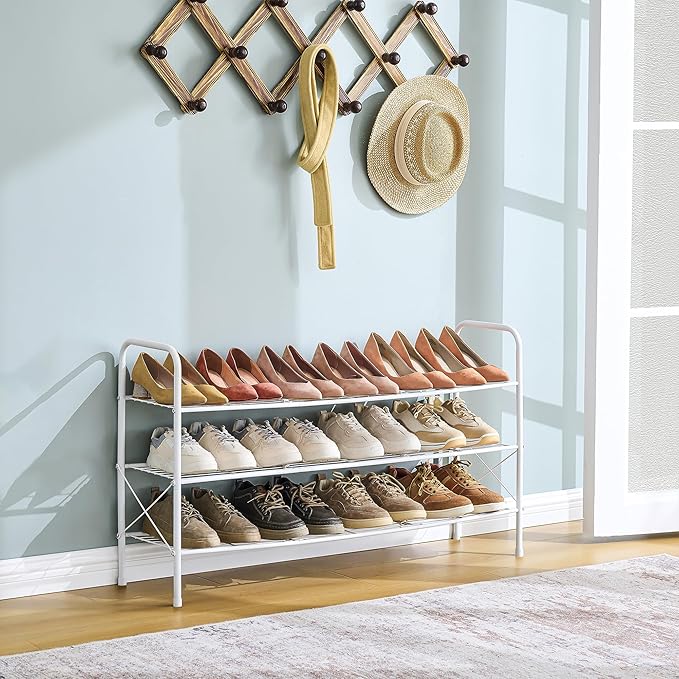 Hoctieon 3 Tier Durable Mesh Style Shoe Rack, Entryway Shoe Shelf, Shoe Rack FreeStanding, Shoe Storage Organizer, Shoe Rack for Closet, Space Save For bathroom, Hallway, Bedroom, Living Room, White