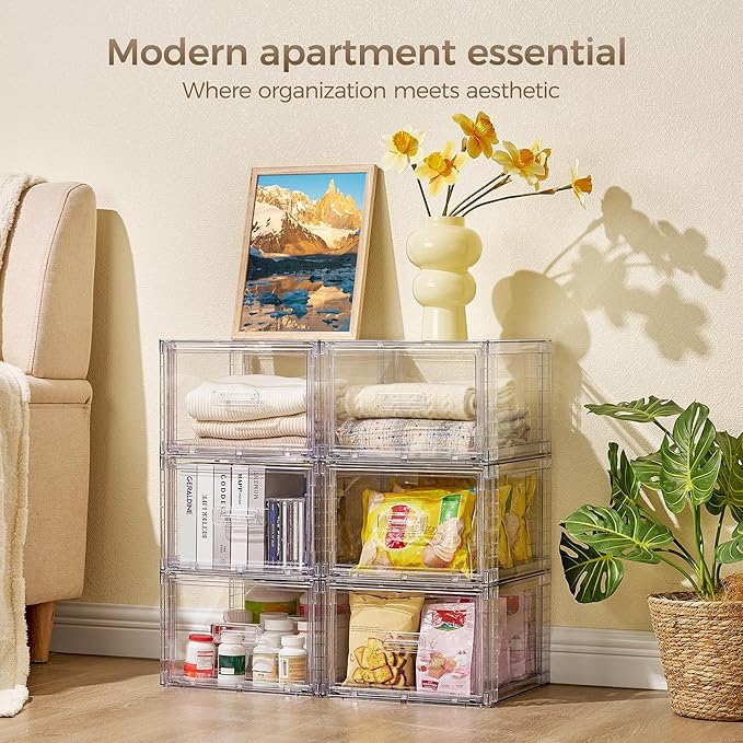 6 Pack Clear Stackable Storage Bins, Easily Assemble Bathroom Organizers