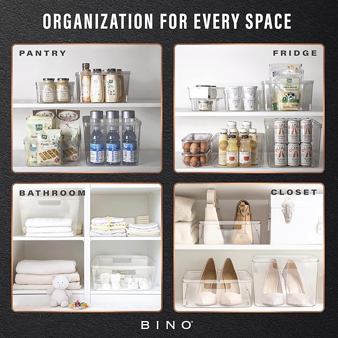 BINO | Plastic Storage Bins, Square - 3 Pack | THE LUCID COLLECTION | Multi-Use Bins | Built-In Handles | BPA-Free | Clear Containers | Fridge Organizer | Pantry & Home Organization