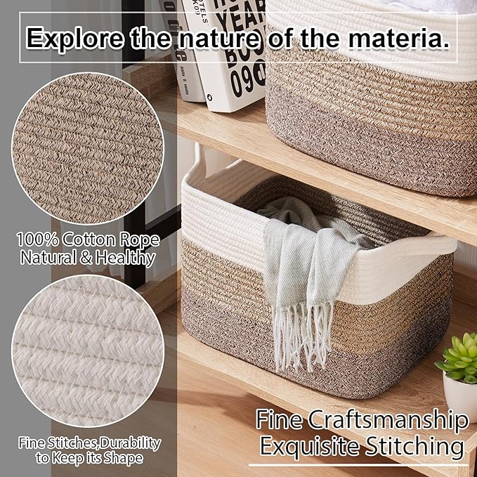 Woven Storage Basket, Cotton Rope Baskets for Toys, Towel, Gradient Dark Brown
