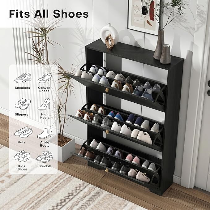 Nicetree Shoe Cabinet with 3 Flip Drawers, Narrow Shoe Organizer Cabinet, Freestanding Shoe Rack Cabinet, Modern Shoe Storage Cabinet for Entryway, Hallway, Foyer, Black with Hook