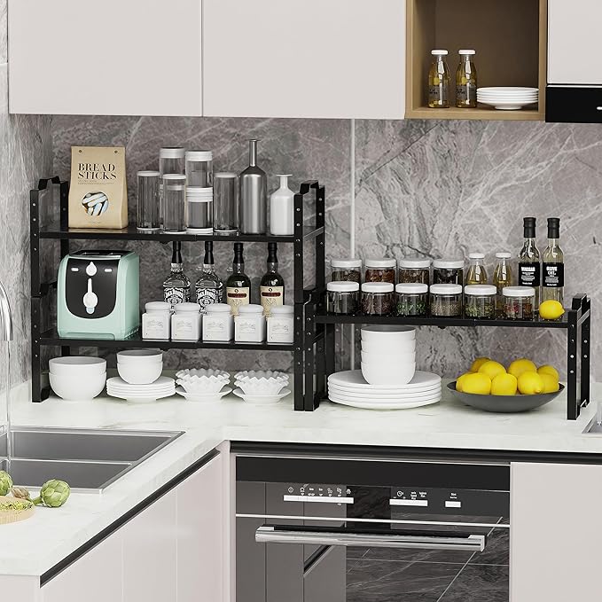 Jojocross Expandable Shelf for Cabinet Organizer Adjustable Stackable Spice Rack at Kitchen and Bathroom More, Counter Countertop Cupboard Organization Pantry Storage(3 Packs/Black, Medium)