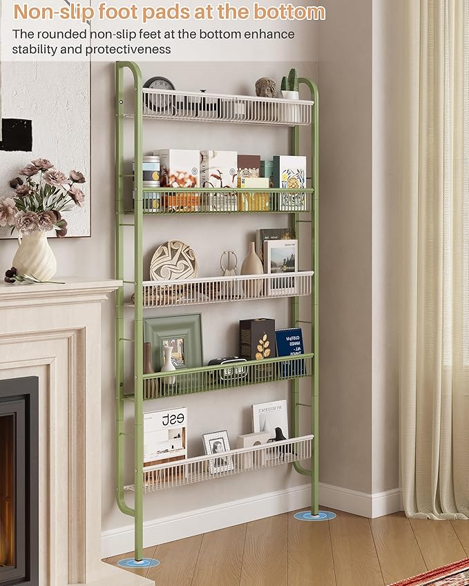 UMDONX Behind The Door Bathroom Shelf Narrow 5-Tier, Space-Saving Slim Storage Shelf Narrow Shelving Unit for Bathroom and Kitchen White+Green