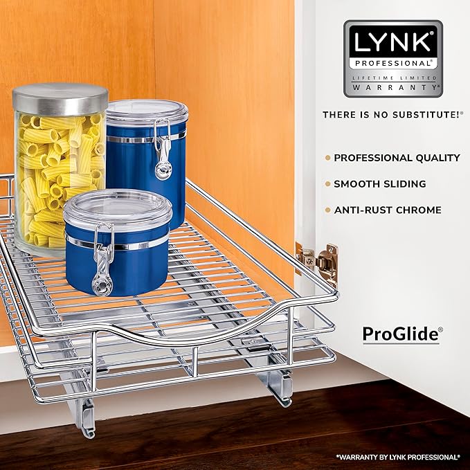 LYNK PROFESSIONAL® Pull Out Cabinet Organizer, 11" x 21" Slide Out Cabinet Organizer Pull Out Drawer – Pull Out Shelves for Kitchen Cabinets – Under Sink Organizers - Lifetime Ltd. Warranty, Chrome
