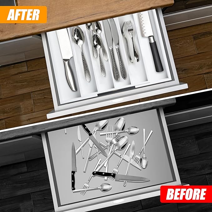 White Silverware Organizer Kitchen Drawer Organizer Expandable Bamboo Utensil