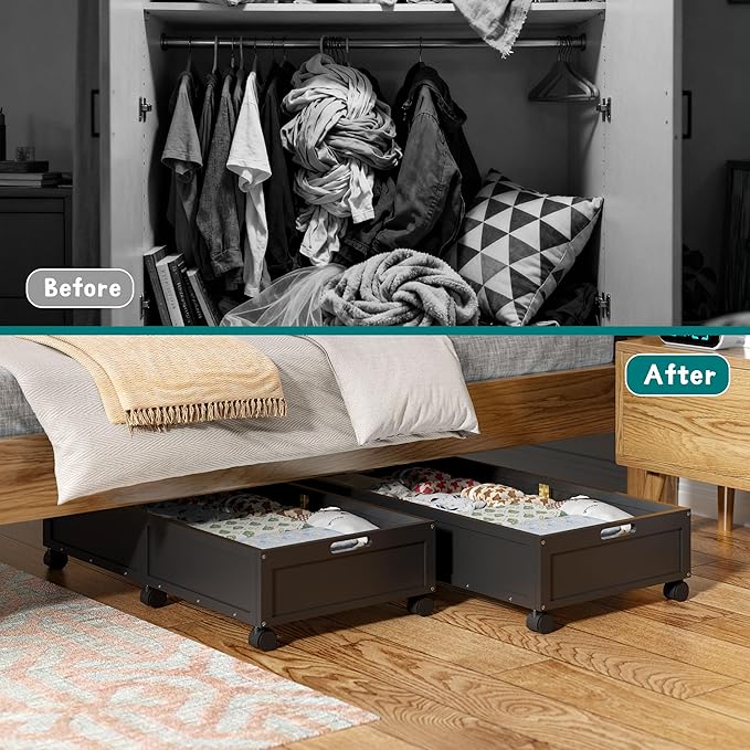 WISUCART Wood Under Bed Storage Containers Underbed Organizer with Wheels Sturdy Wood Rolling Under Bed Shoe Storage Organizer 2 Packs (Black, Large)