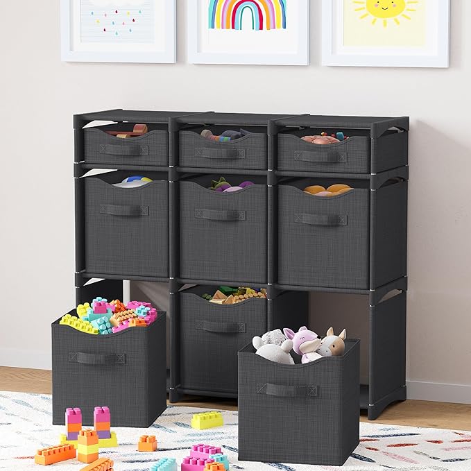 Cube Storage Organizer with Storage Bins Included - The Perfect Closet Organizers and Storage Solution. Includes 9 Storage Cubes, Great For Toy Storage, Closet Storage, Clothes Storage (Dark Grey)