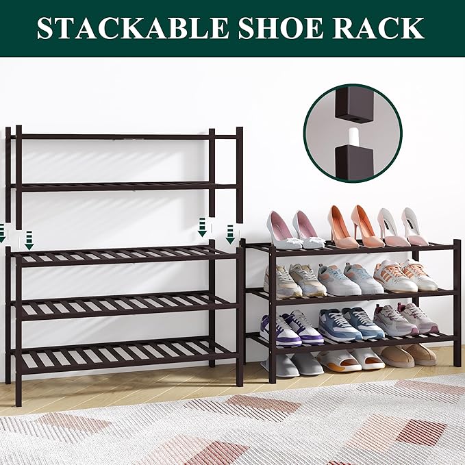 Smiry Bamboo Shoe Rack for Closet, 5 Tier Wooden Shoe Organizer, Stackable Wood Shoe Storage Shelf for Entryway, 14 Vertical Slats, 2+3 Stack Heavy-Duty Legs, 26.77"x11.02"x31.3", Brown