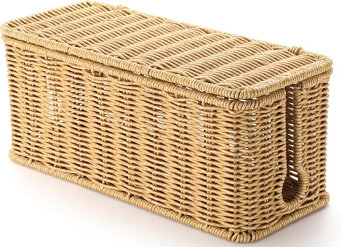 Large Cable Management Box, Handwoven Imitation Rattan Cord Organizer Cord Hider Box, Cable Organizer Box for Desk, Cord Management Box to Hide Cords and Power Strips 13.5" L x 6.2" W x 6" H, Brown