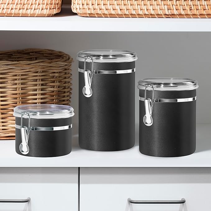 Stainless Steel Kitchen Canister 47 fl oz, Black, Airtight Clamp Lid