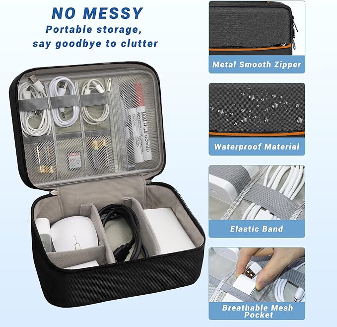 Electronics Organizer, Travel Cord Organizer Pouch, Double Layer-Black