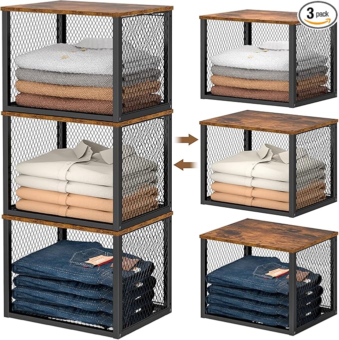 3 Pack Stackable Closet Organizers and Storage Basket, Closet Shelves with Wood Top Extra Storage, Multifunctional Clothes Organizer Bins/Cube Storage Drawer for Wardrobe Kitchen Laundry Room, Black
