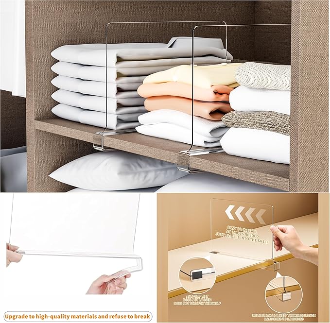 10 Pack Clear Acrylic Shelf Divider for Closet Organization