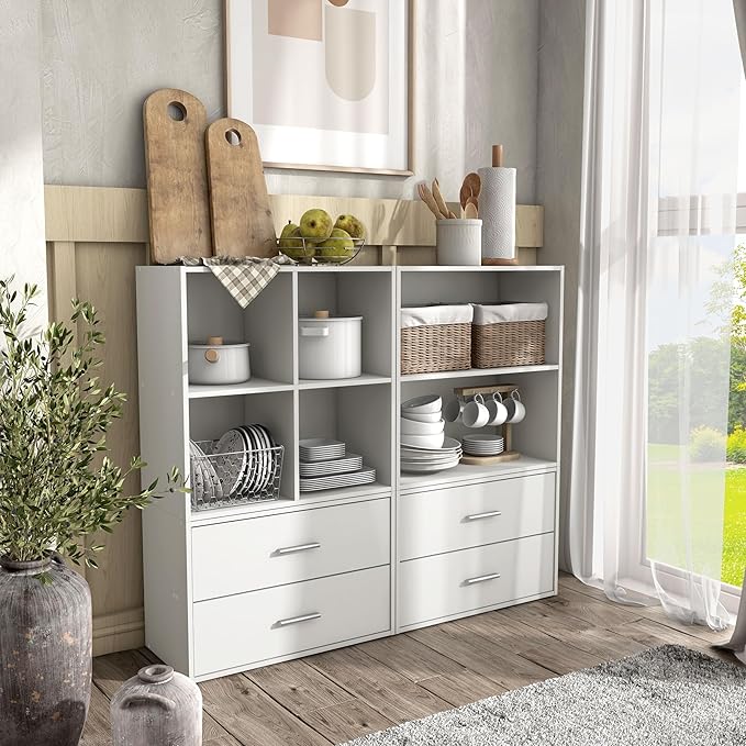 Homes: Inside + Out Apexa 4-Cube Storage Organizer Shelves, Stackable Wood Bookcase Fits Cubby Bins for Organization, Dorm Teen Room Decor & Home Office, White