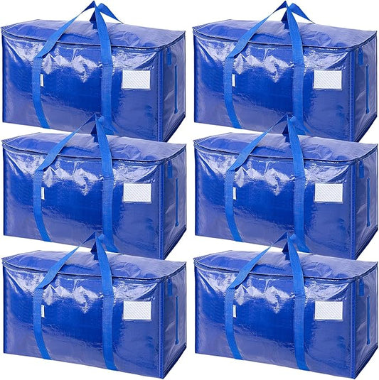 TICONN 6 Pack Extra Large Moving Bags Heavy Duty with Zippers & Carrying Handles, Durable Storage Bags Moving Boxes for Closet Organizers and Storage (6 Pack, Blue)