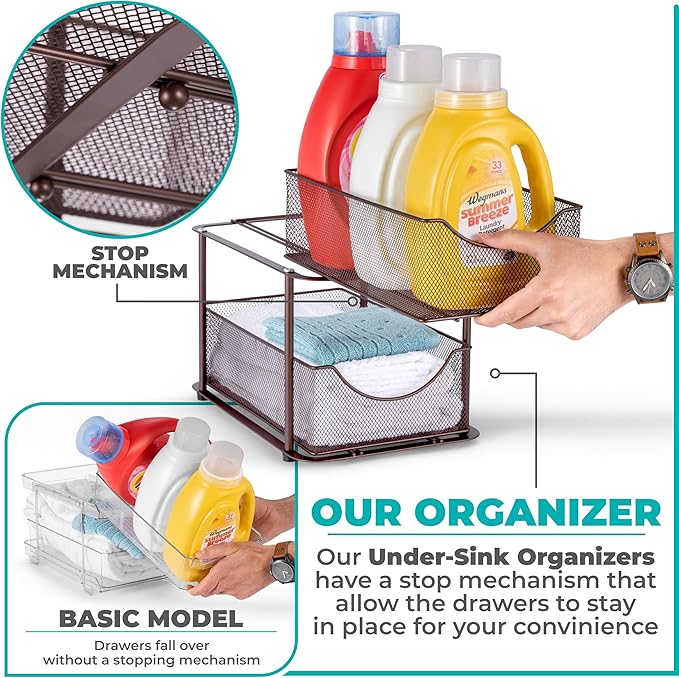 2 Tier Metal Under Sink Organizer for Bathroom, Kitchen, Brown