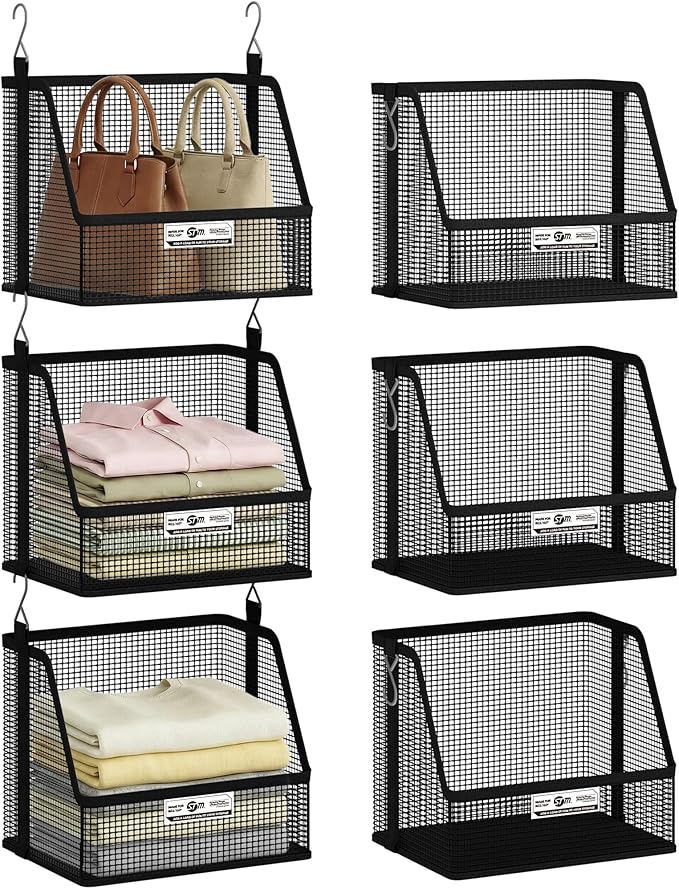 STORAGE MANIAC 3 Tier Hanging Closet Organizer with Mesh Baskets, Clothes Hanging Shelves, Foldable Stackable Storage, Space-Saving Collapsible Basket with Hooks for RV, Dorm, Bedroom, College, Black