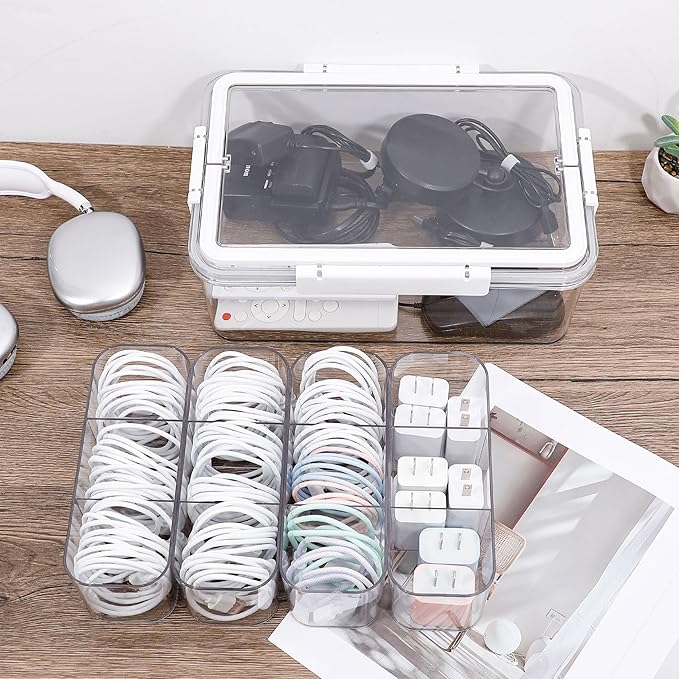 Large Cable Storage Box with Lid, Plastic Power Cords Organizer for Desk Drawer