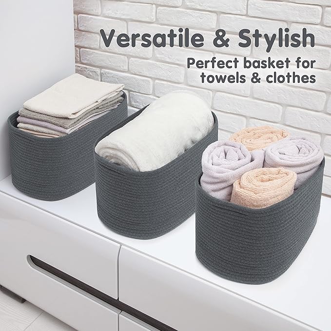 CHAT BLANC Cotton Rope Baskets for Organizing, Shelves, Toys, Storage, Shoe, Bathroom, Laundry, Towel, Nursery, Home Decor, Blanket, Cloth Woven Bins Fabric (Graphite, 15"x10"x9")