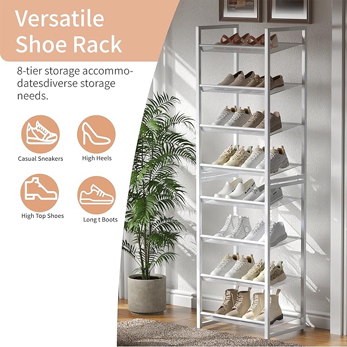 8 Tier Narrow Shoe Rack, Stackable Metal Shoe Storage, Holds 16-20 Pairs, Vertical Shoe Organizer for Garage Closet Entryway, White