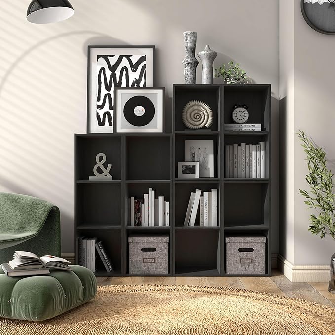 Homes: Inside + Out Apexa 2-Cube Storage Organizer Shelves, Stackable Wood Bookcase Fits Cubby Bins for Organization, Dorm Teen Room Decor & Home Office, Black