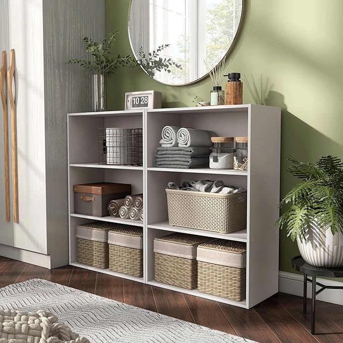 Homes: Inside + Out Apexa 3-Tier Cube Storage Organizer Shelves, Stackable Wood Bookcase Fits Cubby Bins for Organization, Dorm Teen Room Decor & Home Office, Taupe Grey