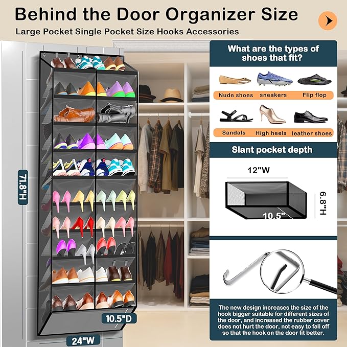 Kotkn 10-Tier Over the Door Shoe Organizer, 20 Pockets Holds 20-30 Pairs, Heavy-Duty Oxford Fabric with Hexagon Mesh for Boots & Sneakers-Dark Gray