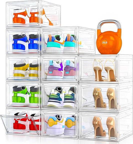 12 Pack Clear Shoe Storage Organizer with Magnetic Door, White
