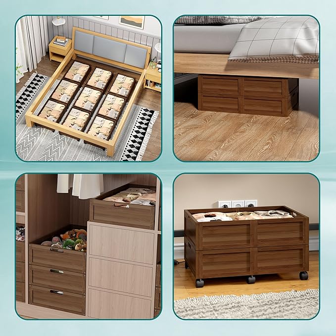 WISUCART Wood Under Bed Storage Containers Underbed Organizer with Wheels Sturdy Wood Rolling Under Bed Shoe Storage Organizer 2 Packs (Walnut, Small)