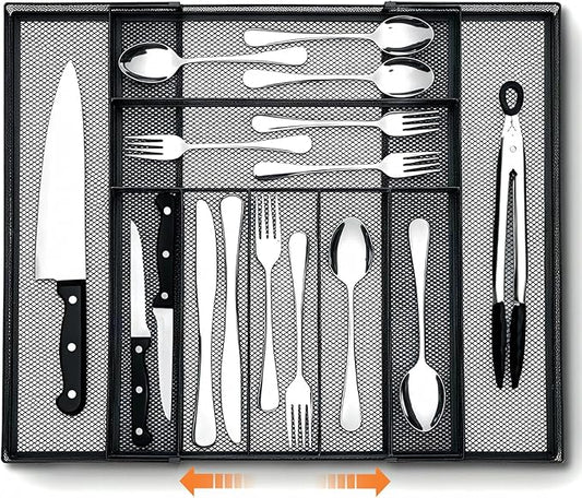 1 Pcs Utensil Drawer Silverware Organizer, Metal Mesh Expandable 13" ~24" Kitchen Drawer Organizer, 7-9 Slots Cutlery Tray Dividers for Kitchen Flatware Christmas Housewarming Gift (Black)