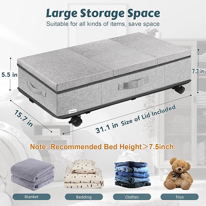 Supowin Under Bed Storage with Wheels, Rolling Underbed Storage Containers with Lids, Under Bed Shoe Storage Bins Organizer with Reinforced Metal Bottom Support and Three Handles