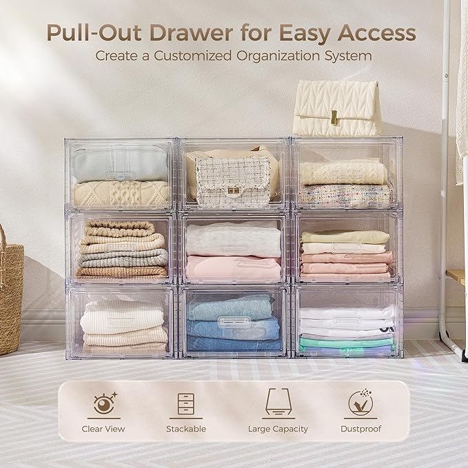 4 Pack 18QT Clear Stackable Storage Drawers, Easily Assemble Closet Organizers
