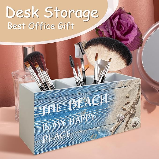 Seashell Coastal Beach Pen Holder for Home Office Kitchen Desk Decor, Beach Wooden Pencil Holder Sign Organizer for Home Office Desk Accessories, Coastal Gifts for Women Men