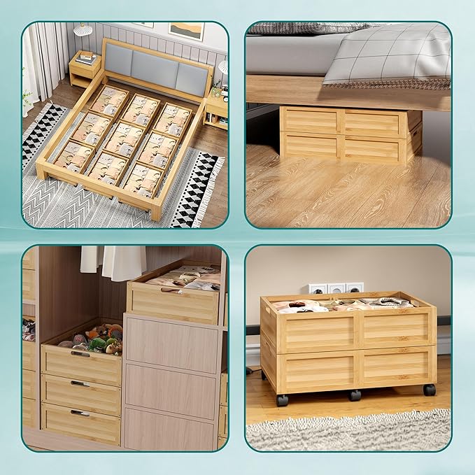 WISUCART Wood Under Bed Storage Containers Underbed Organizer with Wheels Sturdy Wood Rolling Under Bed Shoe Storage Organizer 2 Packs (Nature, Small)