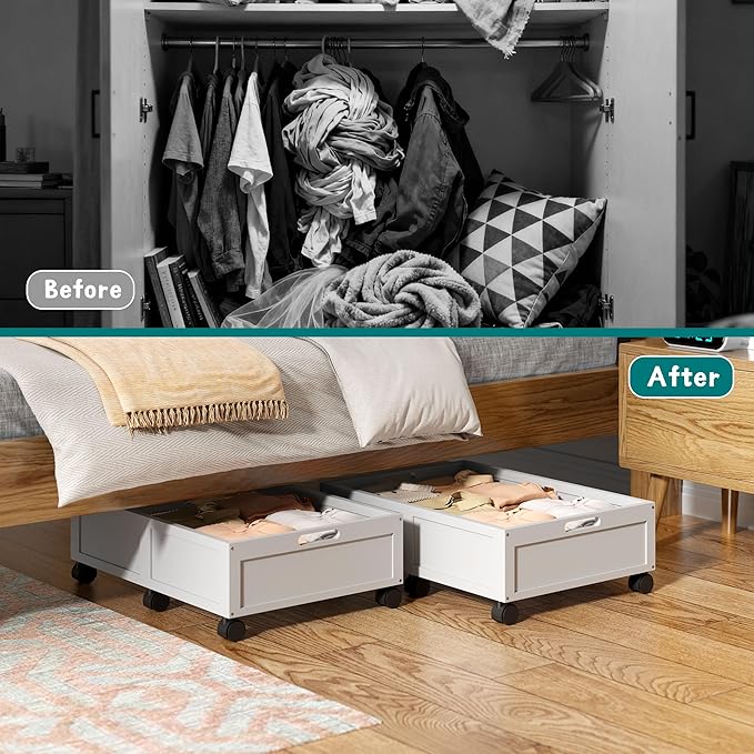 WISUCART Wood Under Bed Storage Containers Underbed Organizer with Wheels Sturdy Wood Rolling Under Bed Shoe Storage Organizer 2 Packs (White, Small)