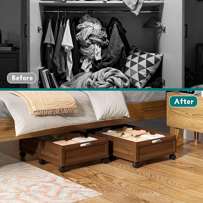 WISUCART Wood Under Bed Storage Containers Underbed Organizer with Wheels Sturdy Wood Rolling Under Bed Shoe Storage Organizer 2 Packs (Walnut, Small)