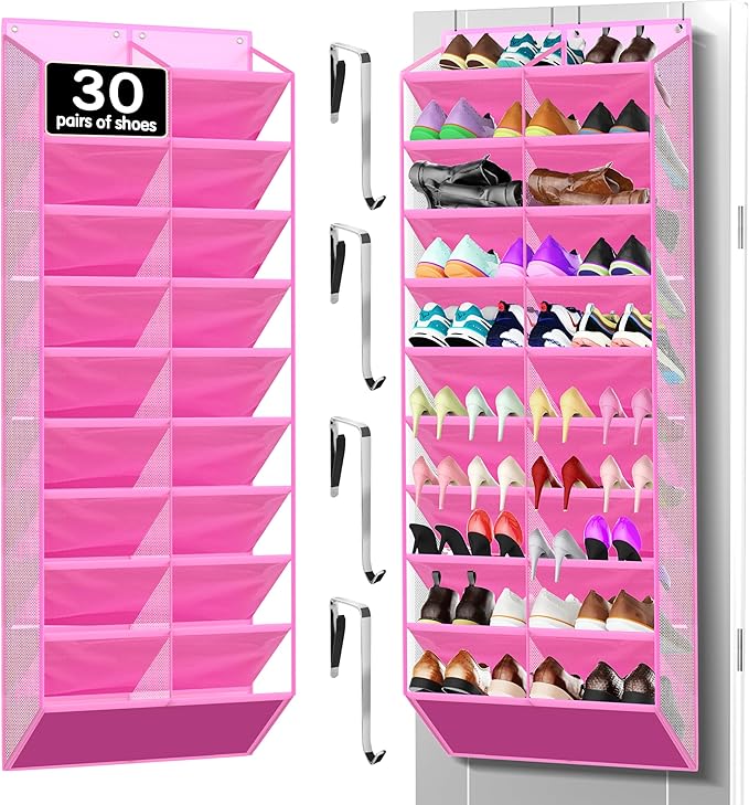 Kotkn 10-Tier Over the Door Shoe Organizer, 20 Pockets Holds 20-30 Pairs, Heavy-Duty Oxford Fabric with Hexagon Mesh for Boots & Sneakers- Pink