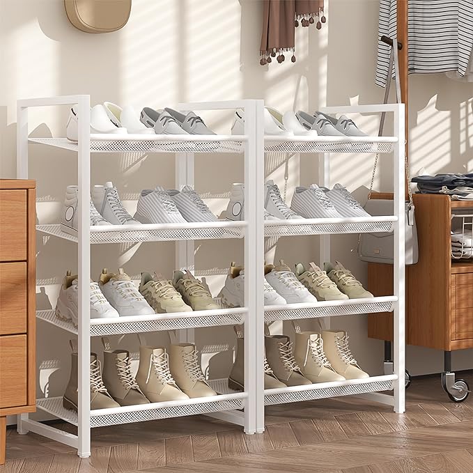 8 Tier Narrow Shoe Rack, Stackable Metal Shoe Storage, Holds 16-20 Pairs, Vertical Shoe Organizer for Garage Closet Entryway, White