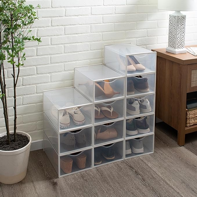 Simplify Set of 12 Stackable Shoe Boxes | Customizable | Fits Size 11 Shoes | Drop Front Design | Closet Storage | Sneakers | Heels | Clear and White