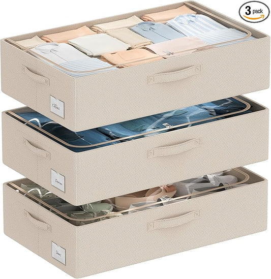 3Pcs Under Bed Storage Bins with Metal Frame, Beige, 23.5x15.7x6.3