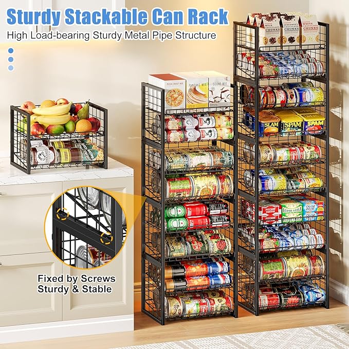 X-cosrack 2-Tier Stackable Can Organizer for Pantry, 3 Packs Adjustable Pantry Organizer Storage for Canned Food Goods Soda, Sturdy Canning Rack Can Dispener Storage Holder for Pantry Kitchen, Black