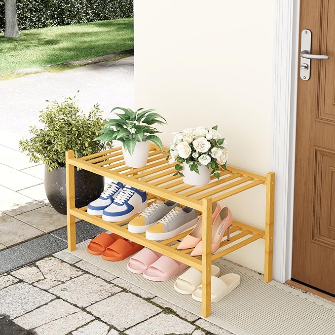 Smiry Bamboo Shoe Rack, 2 Tier Free Standing Wooden Shoe Organizer, Stackable Wood Shoe Storage Shelf for Closet, Entryway, 14 Vertical Slats, One-piece Heavy-Duty Legs, 26.8"x11"x13", Natural