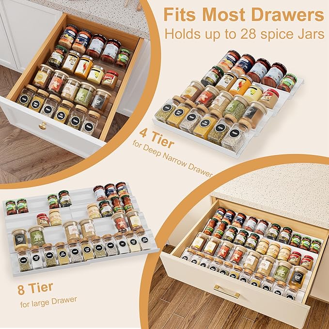 8-Pack Spice Rack for Drawer, Adjustable Seasoning Rack Tray, Expandable from 13" to 26", 2mm Acrylic, White, Kitchen Organizer and Storage (Jars Not Included)